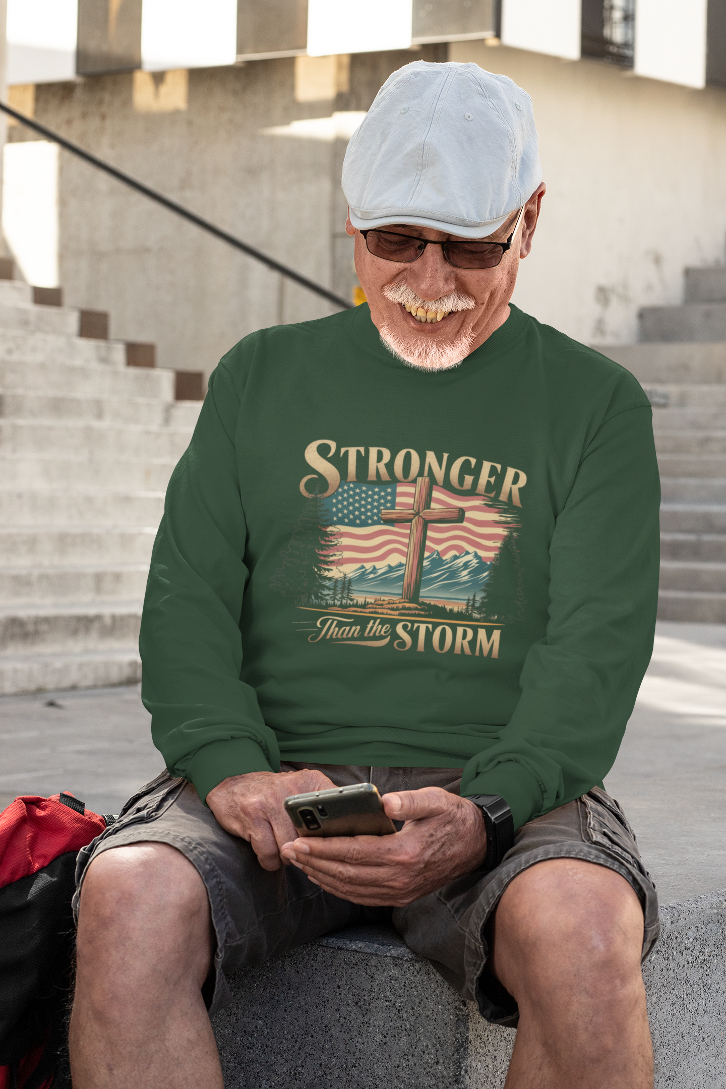 . STRONGER THAN THE STORM Heavy Weight Patriotic Christian Long Sleeve T-Shirt (S-2XL):  Men's Gildan 2400 - FREE SHIPPING