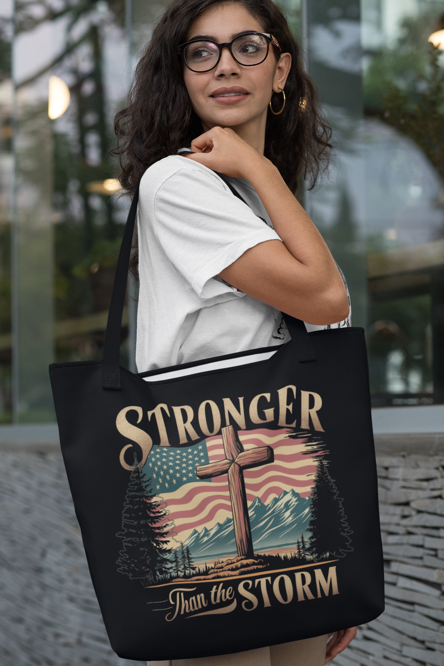 STRONGER THAN THE STORM Patriotic Christian 100% Polyester Tote Bag (3 sizes) - FREE SHIPPING