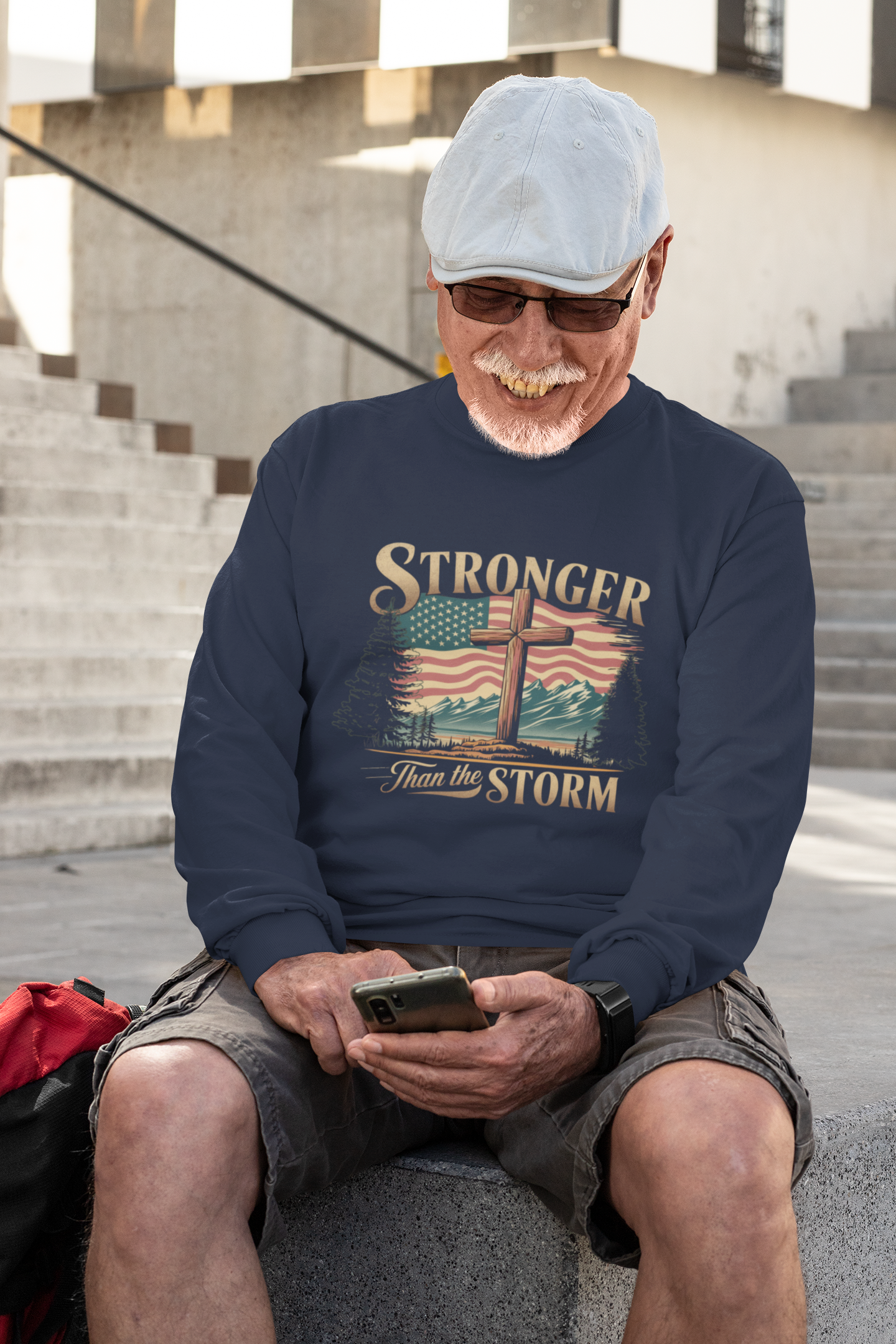 . STRONGER THAN THE STORM Heavy Weight Patriotic Christian Long Sleeve T-Shirt (S-2XL):  Men's Gildan 2400 - FREE SHIPPING