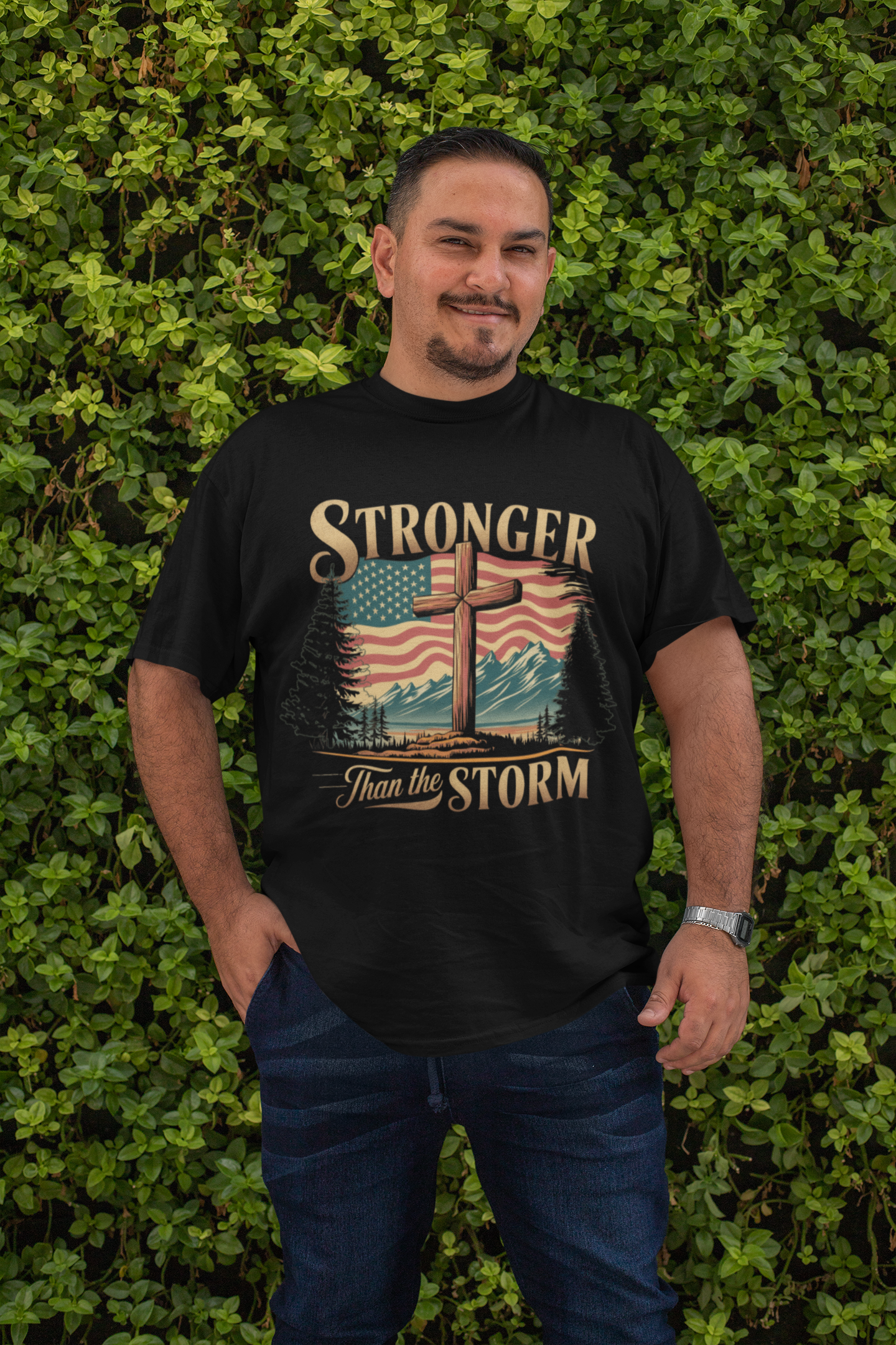 . STRONGER THAN THE STORM Plus Size Heavy Weight Patriotic Christian T-Shirt (S-5XL):  Men's Hanes Beefy-T® - FREE SHIPPING