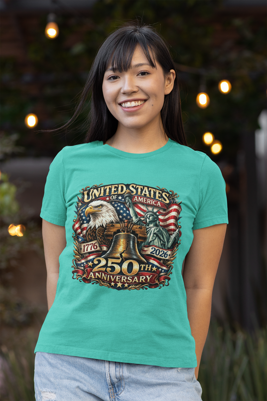 250th USA Anniversary Fitted Patriotic T-Shirt (S-2XL):  Women's Bella+Canvas 6004 - FREE SHIPPING