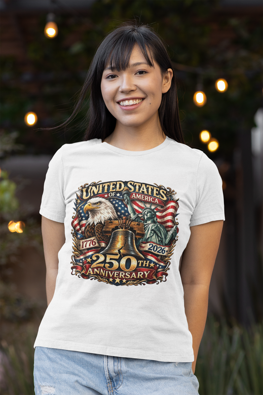 250th USA Anniversary Fitted Patriotic T-Shirt (S-2XL):  Women's Bella+Canvas 6004 - FREE SHIPPING