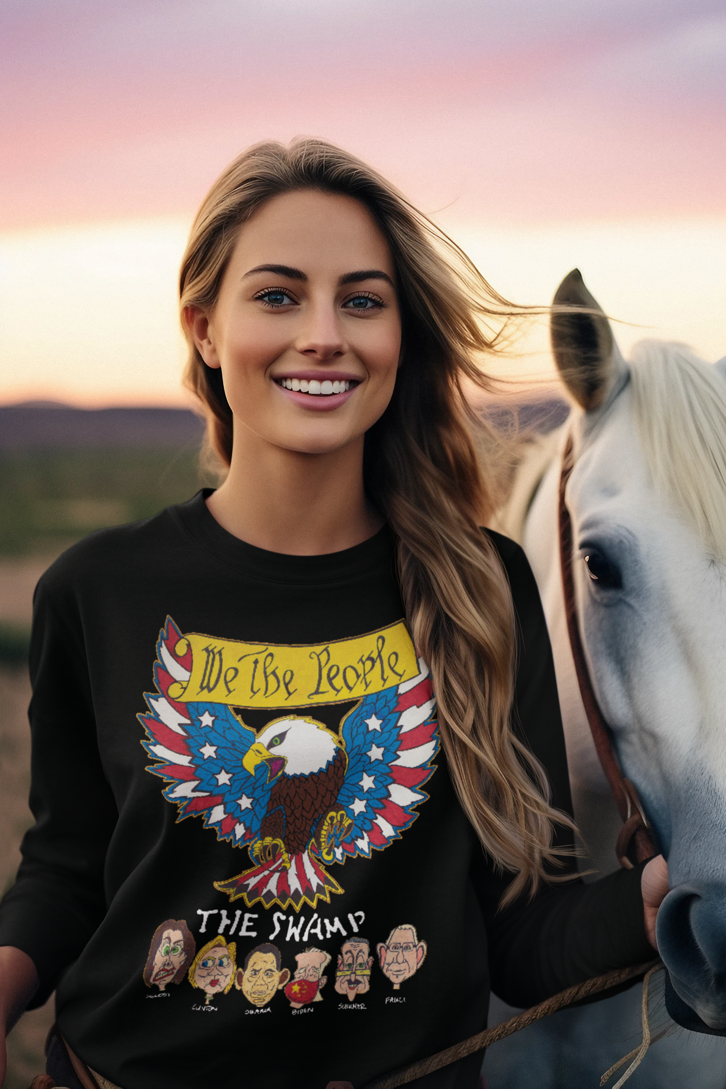 WE THE PEOPLE vs THE SWAMP Heavy Weight Patriotic Long Sleeve T-Shirt (S-2XL):  Women's Gildan 2400 - FREE SHIPPING