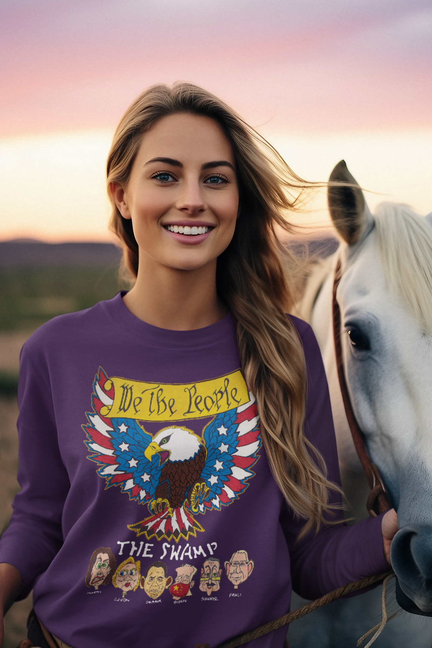 WE THE PEOPLE vs THE SWAMP Heavy Weight Patriotic Long Sleeve T-Shirt (S-2XL):  Women's Gildan 2400 - FREE SHIPPING