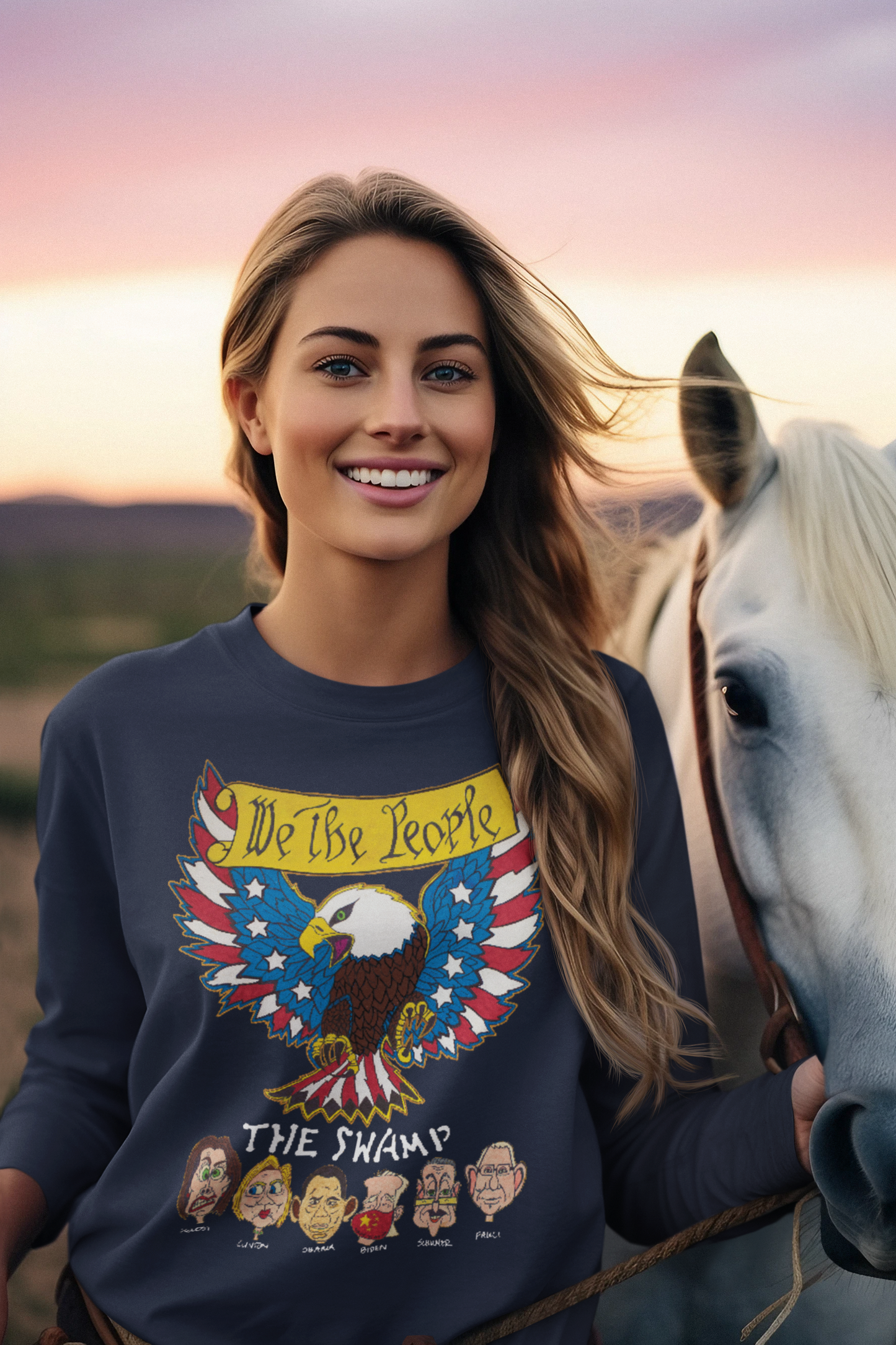 WE THE PEOPLE vs THE SWAMP Heavy Weight Patriotic Long Sleeve T-Shirt (S-2XL):  Women's Gildan 2400 - FREE SHIPPING