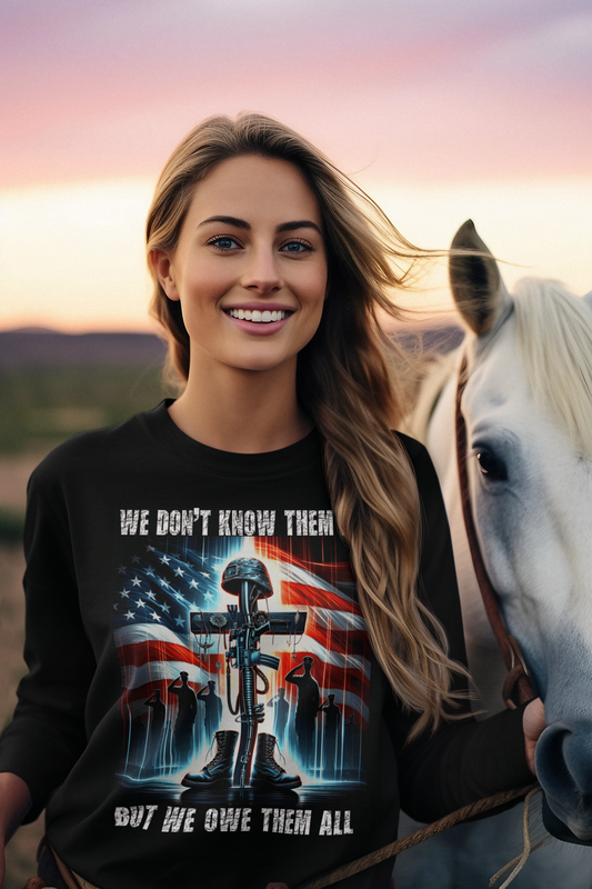 WE OWE THEM ALL Heavy Weight Patriotic Military Long Sleeve T-Shirt (S-2XL):  Women's Gildan 2400 - FREE SHIPPING