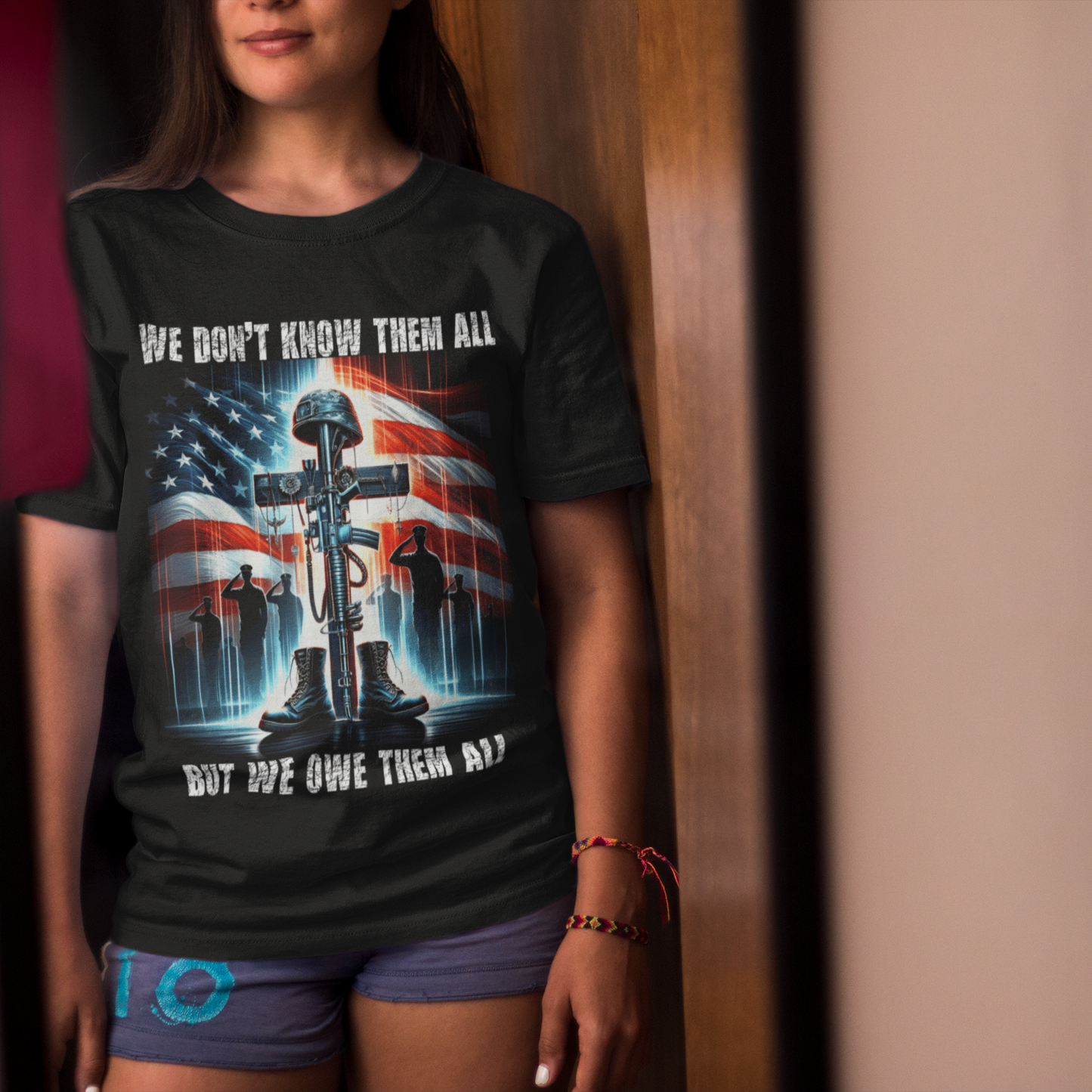 WE OWE THEM ALL Classic Patriotic Military T-Shirt (S-5XL):  Women's Medium Weight Gildan 5000 - FREE SHIPPING