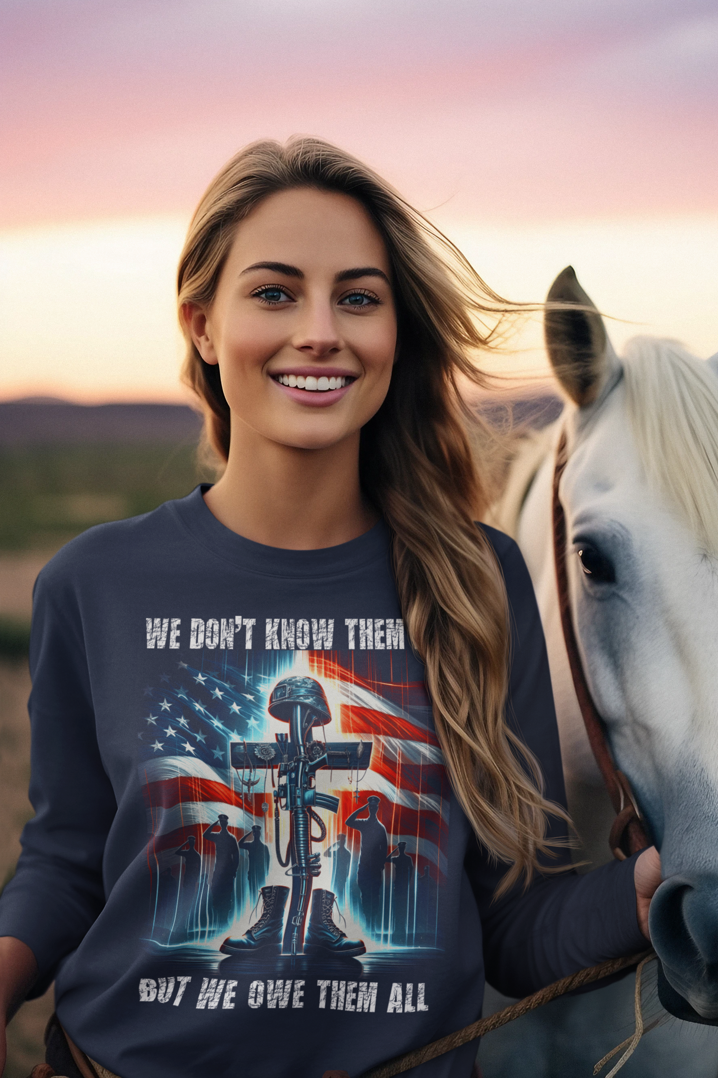 WE OWE THEM ALL Heavy Weight Patriotic Military Long Sleeve T-Shirt (S-2XL):  Women's Gildan 2400 - FREE SHIPPING