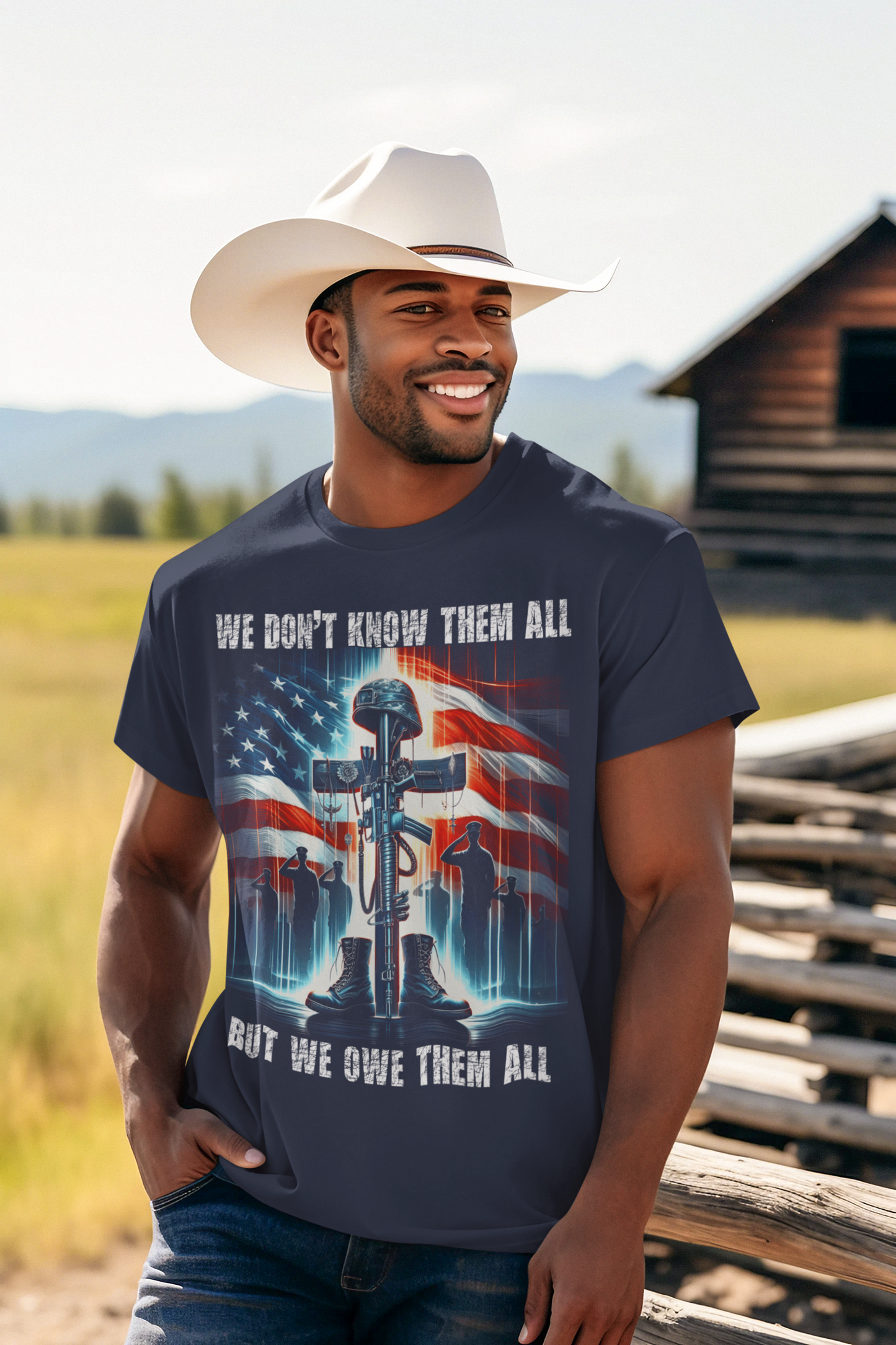 WE OWE THEM ALL Patriotic Military T-Shirt (S-5XL):  Men's Medium Weight 5000 - FREE SHIPPING