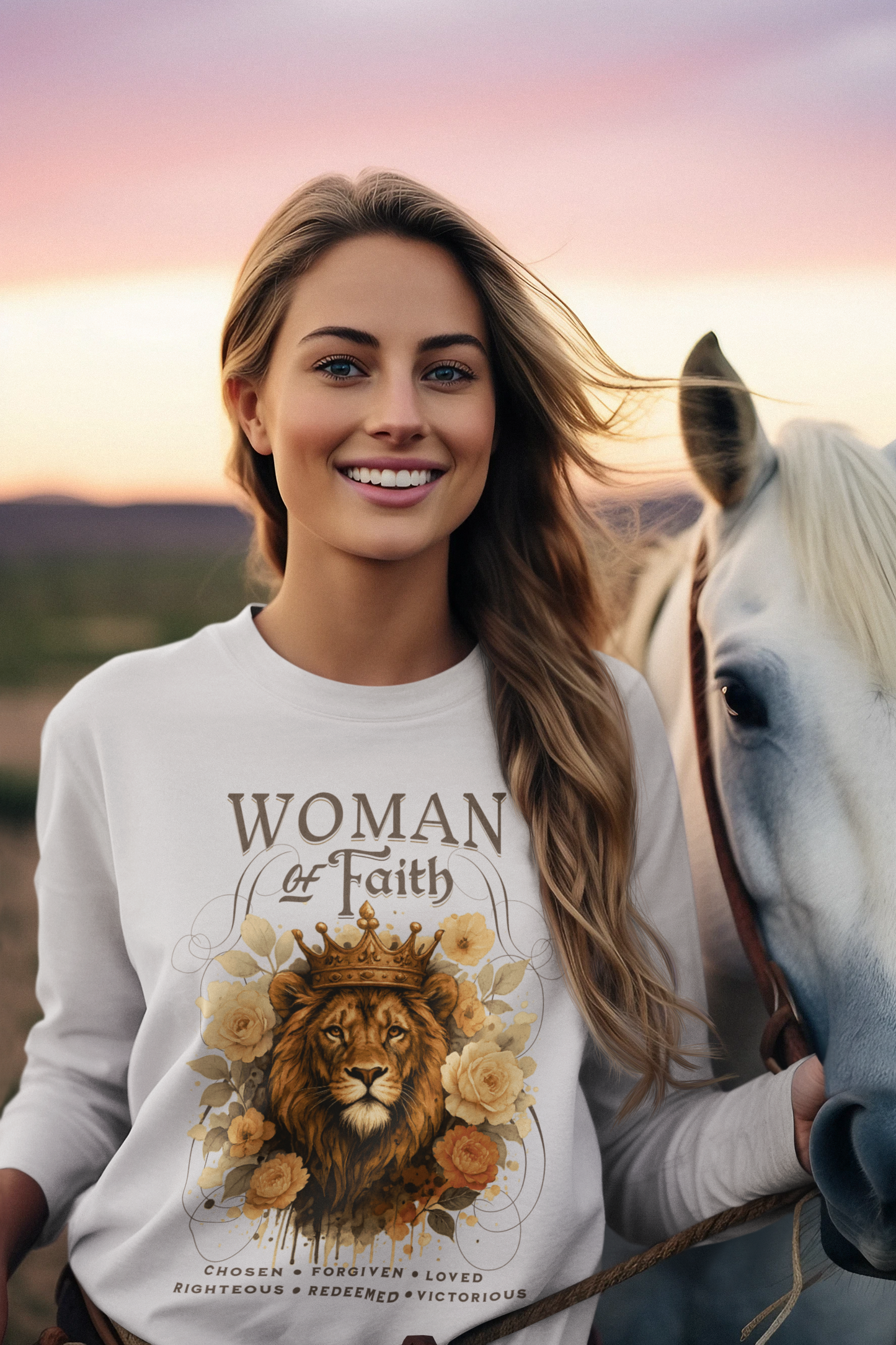WOMAN OF FAITH Heavy Weight Christian Long Sleeve T-Shirt (S-2XL):  Women's Gildan 2400 - FREE SHIPPING