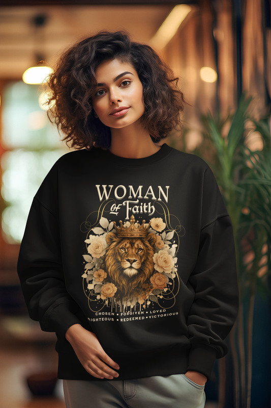 WOMAN OF FAITH Heavy Weight Christian Sweatshirt (S-5XL):  Women's Gildan 18000