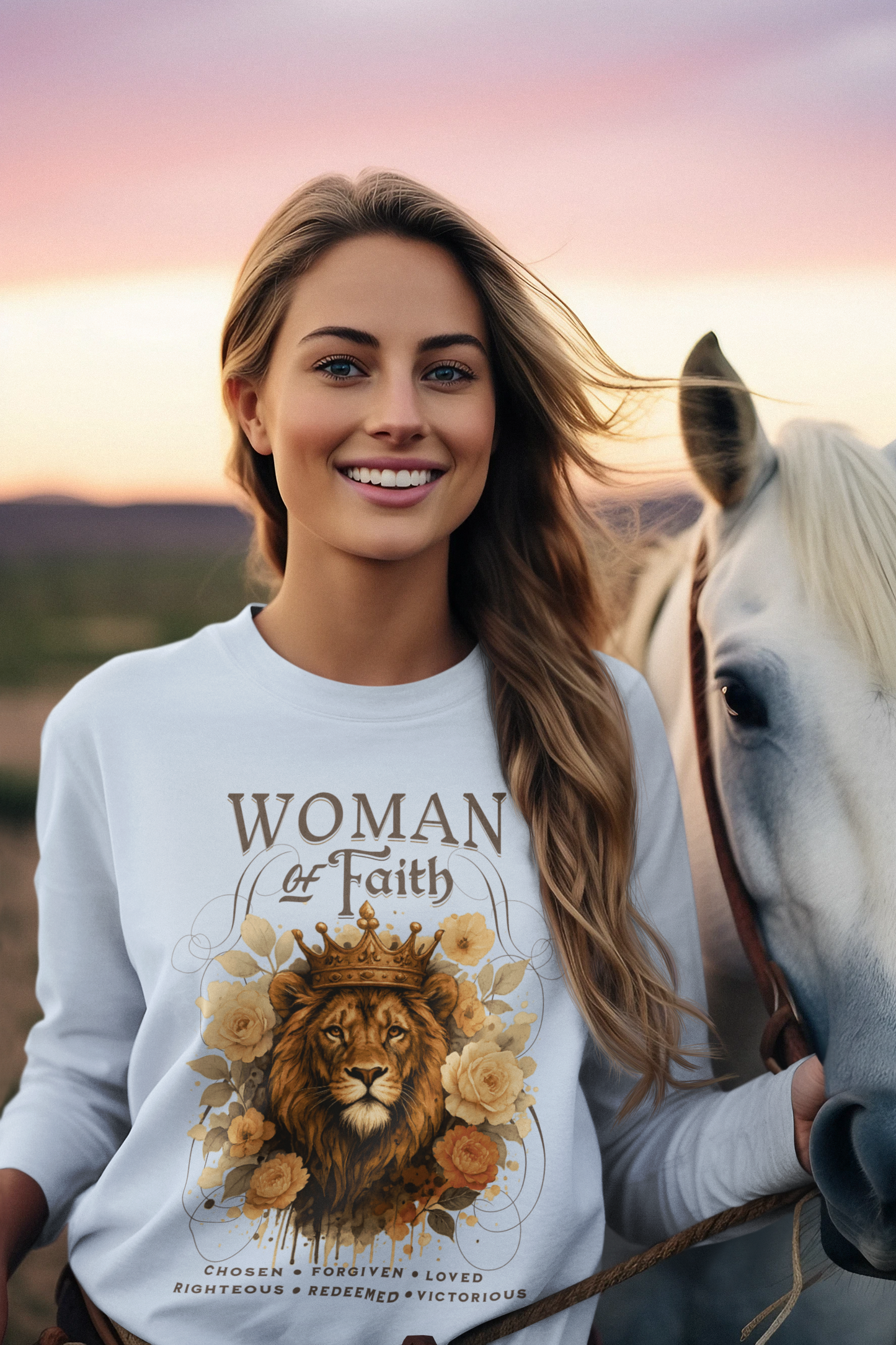 WOMAN OF FAITH Heavy Weight Christian Long Sleeve T-Shirt (S-2XL):  Women's Gildan 2400 - FREE SHIPPING