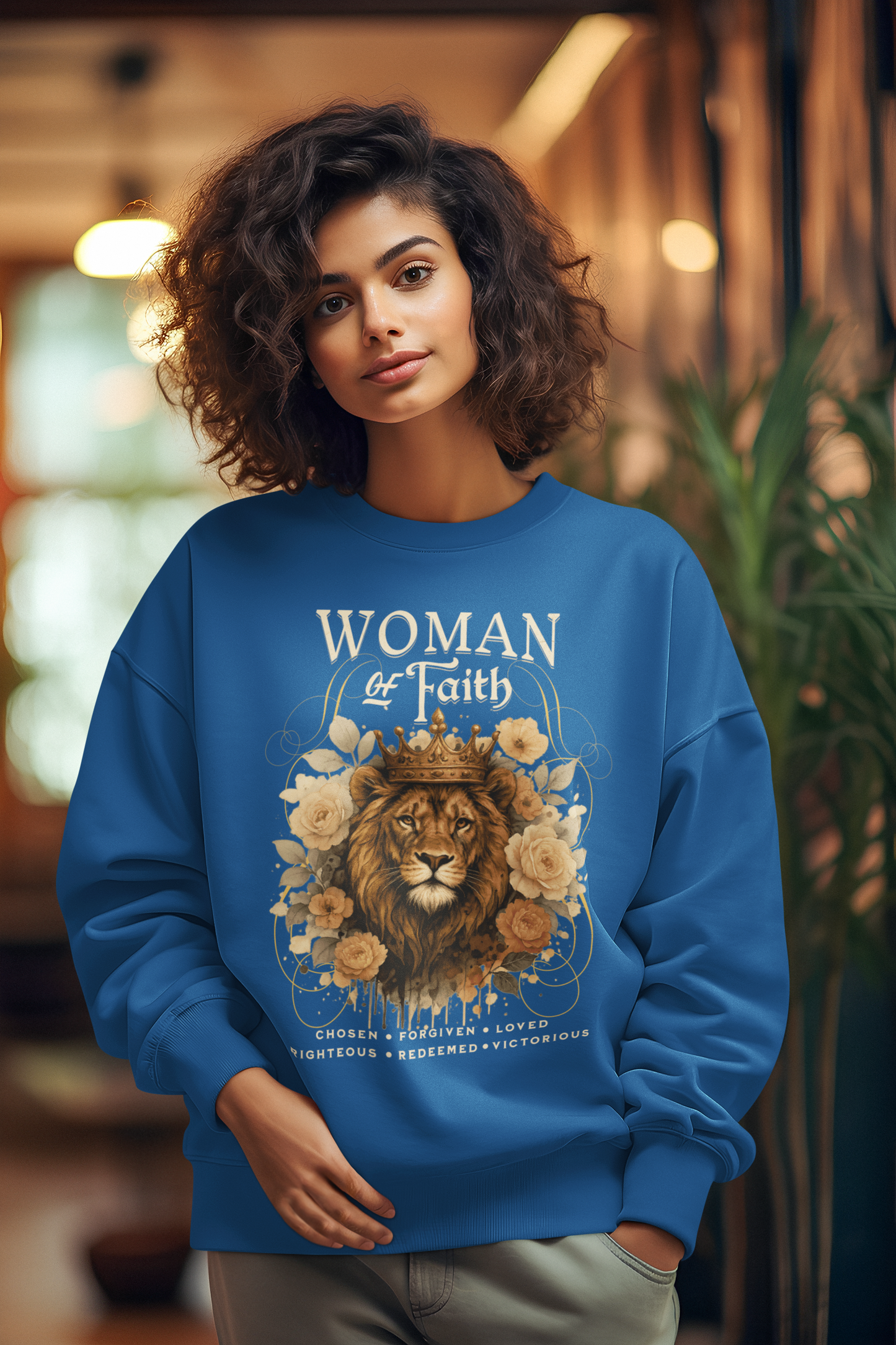 WOMAN OF FAITH Heavy Weight Christian Sweatshirt (S-5XL):  Women's Gildan 18000