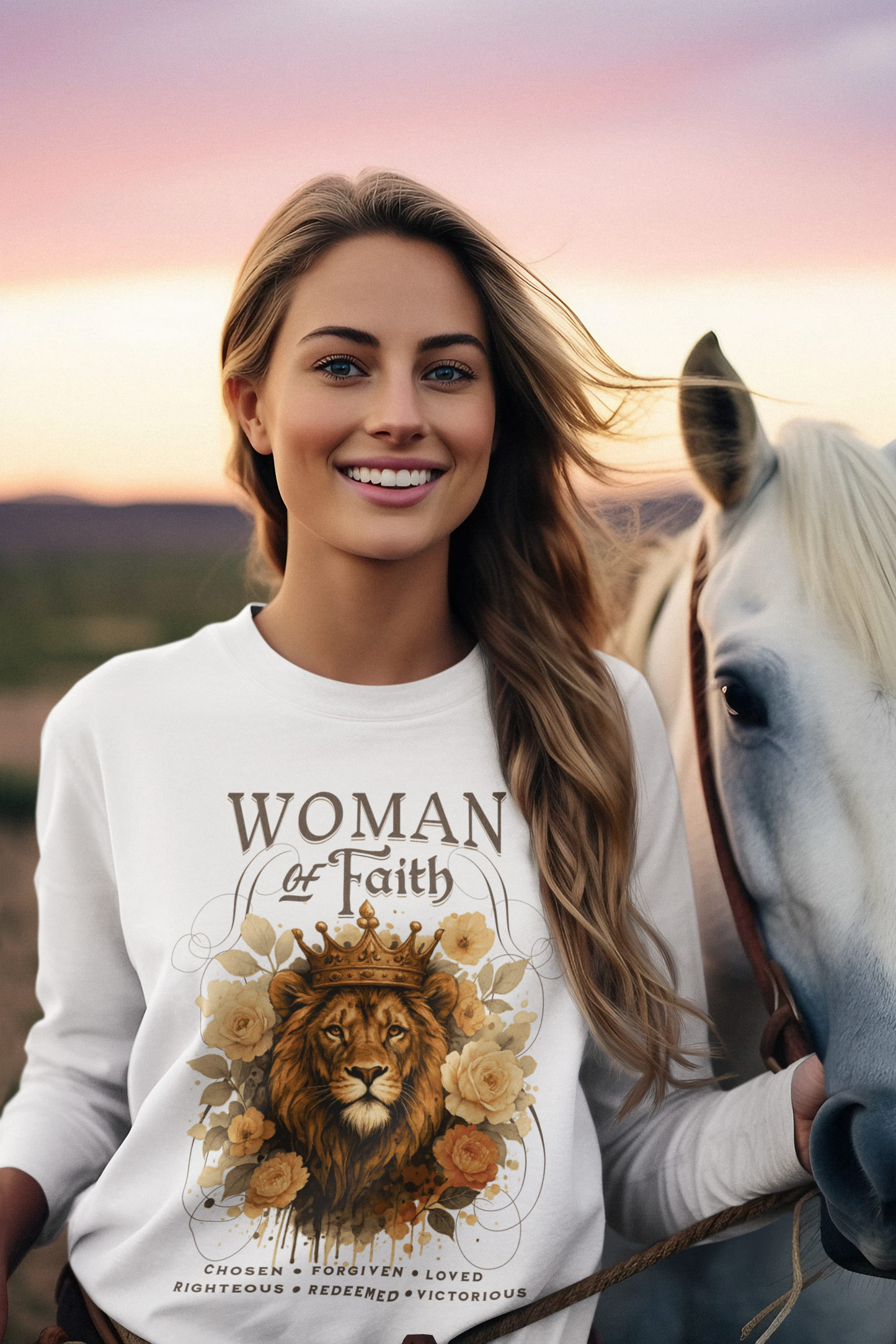 WOMAN OF FAITH Heavy Weight Christian Long Sleeve T-Shirt (S-2XL):  Women's Gildan 2400 - FREE SHIPPING