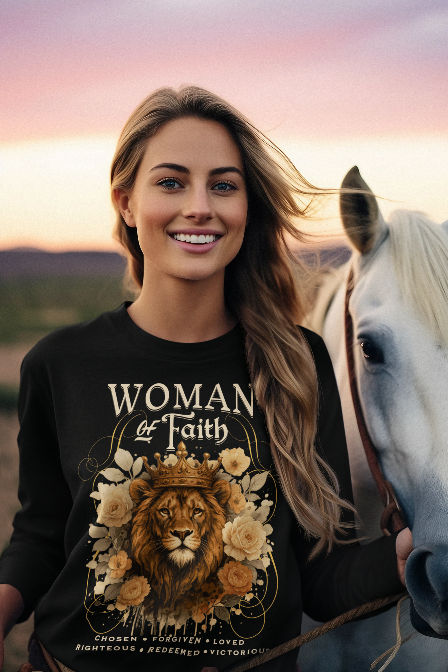 WOMAN OF FAITH Heavy Weight Christian Long Sleeve T-Shirt (S-2XL):  Women's Gildan 2400 - FREE SHIPPING