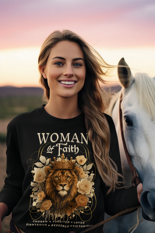 WOMAN OF FAITH Heavy Weight Christian Long Sleeve T-Shirt (S-2XL):  Women's Gildan 2400 - FREE SHIPPING