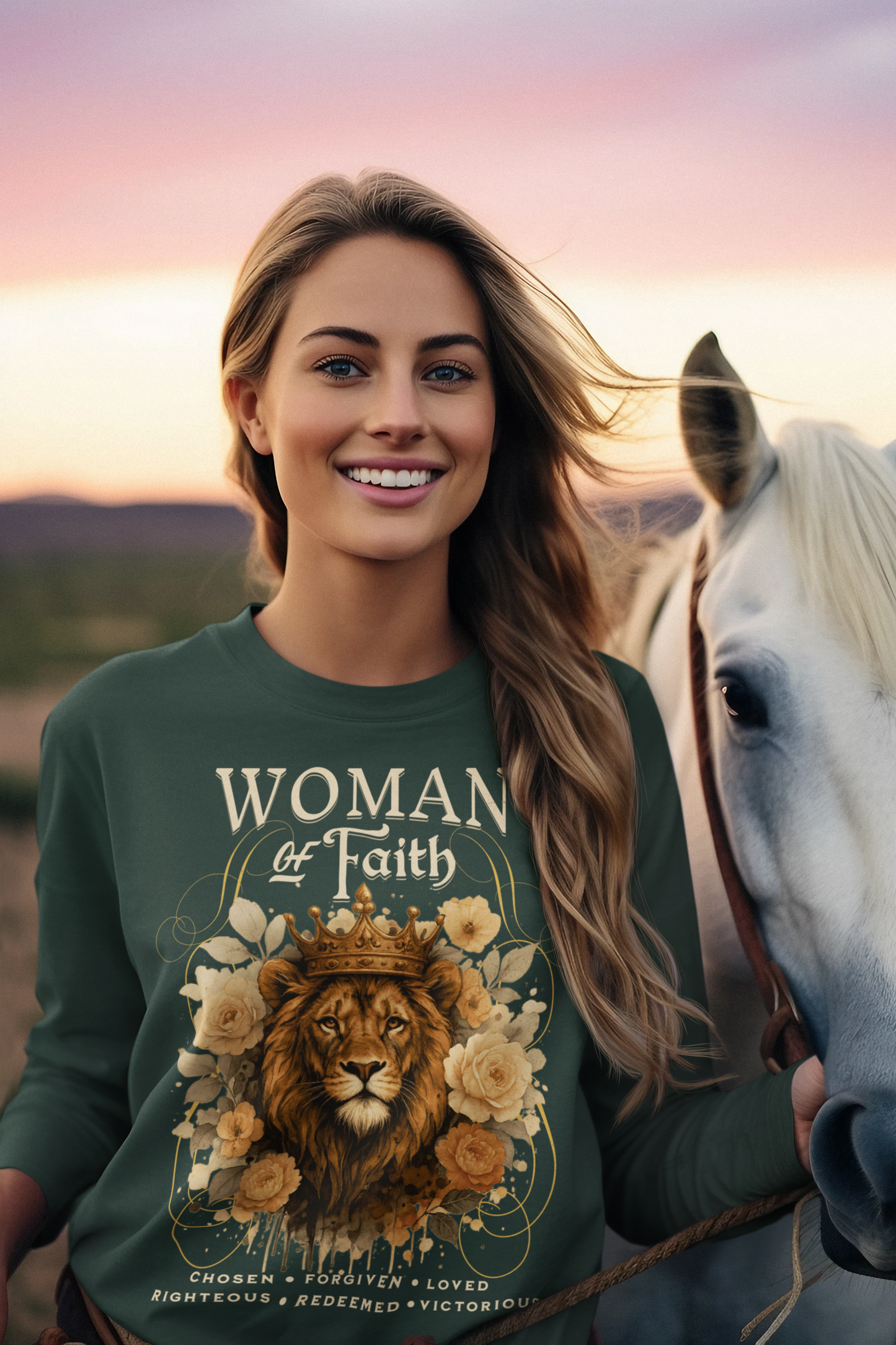 WOMAN OF FAITH Heavy Weight Christian Long Sleeve T-Shirt (S-2XL):  Women's Gildan 2400 - FREE SHIPPING
