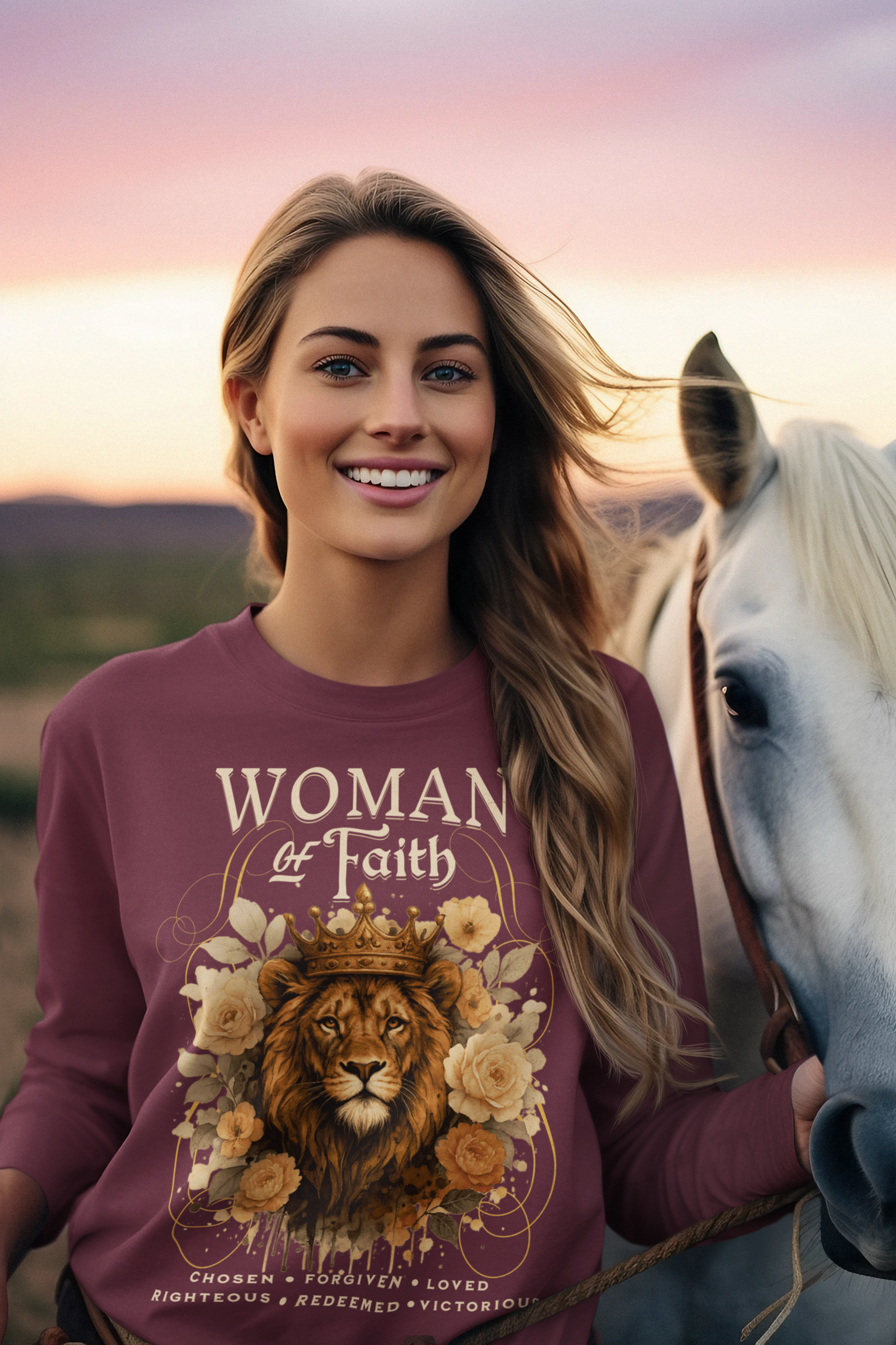 WOMAN OF FAITH Heavy Weight Christian Long Sleeve T-Shirt (S-2XL):  Women's Gildan 2400 - FREE SHIPPING