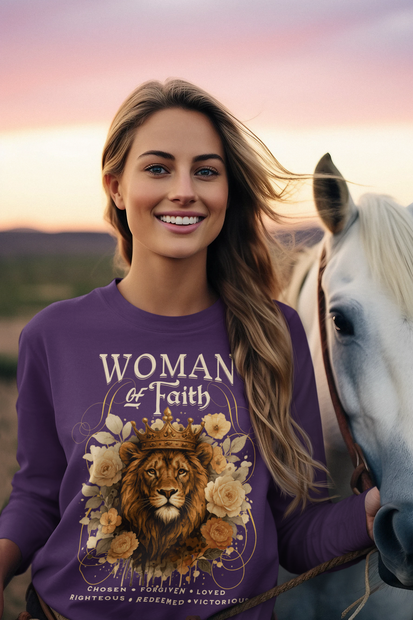 WOMAN OF FAITH Heavy Weight Christian Long Sleeve T-Shirt (S-2XL):  Women's Gildan 2400 - FREE SHIPPING