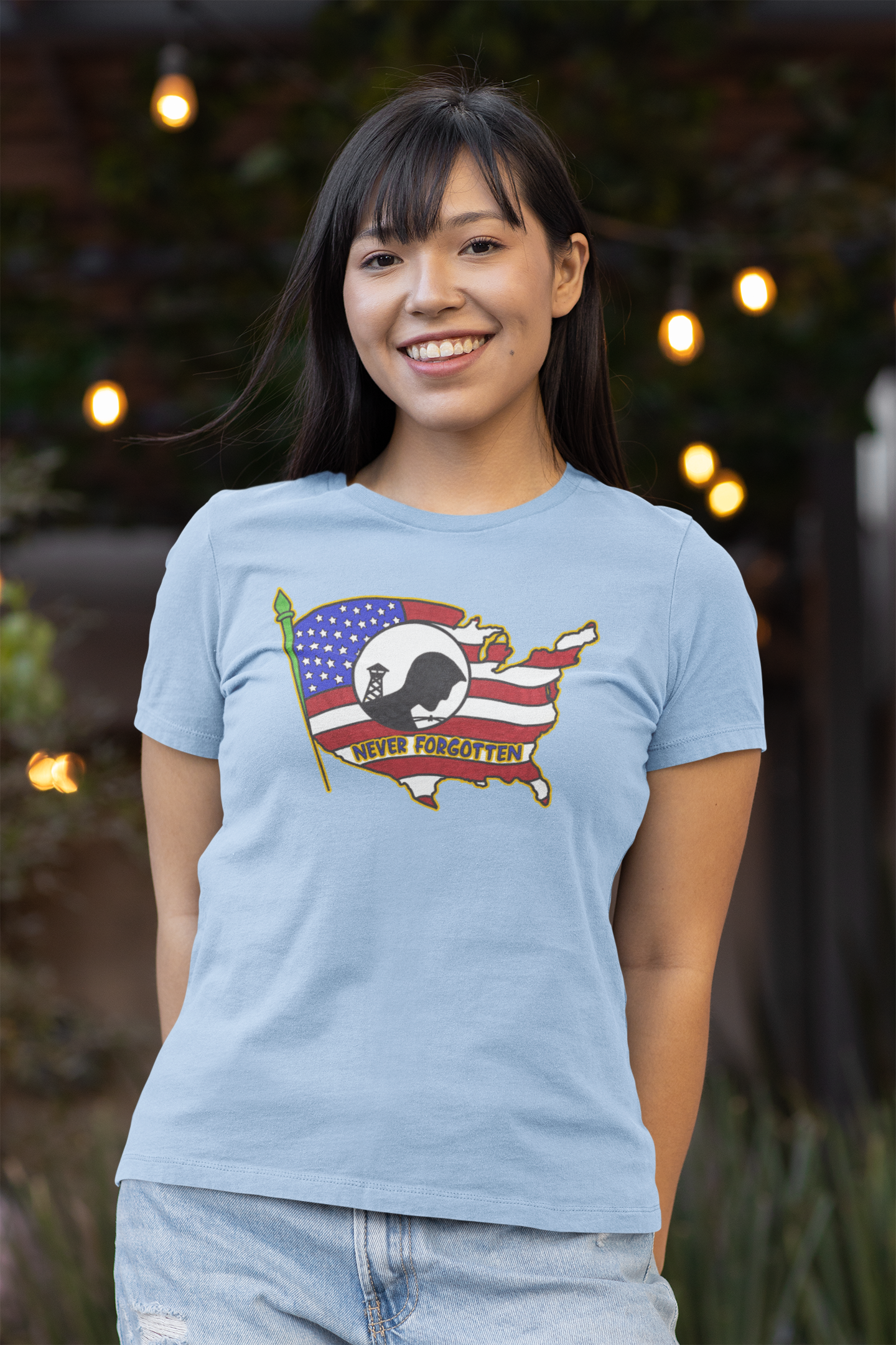 NEVER FORGOTTEN Fitted Patriotic T-Shirt (S-2XL):  Women's Bella+Canvas 6004 - FREE SHIPPING