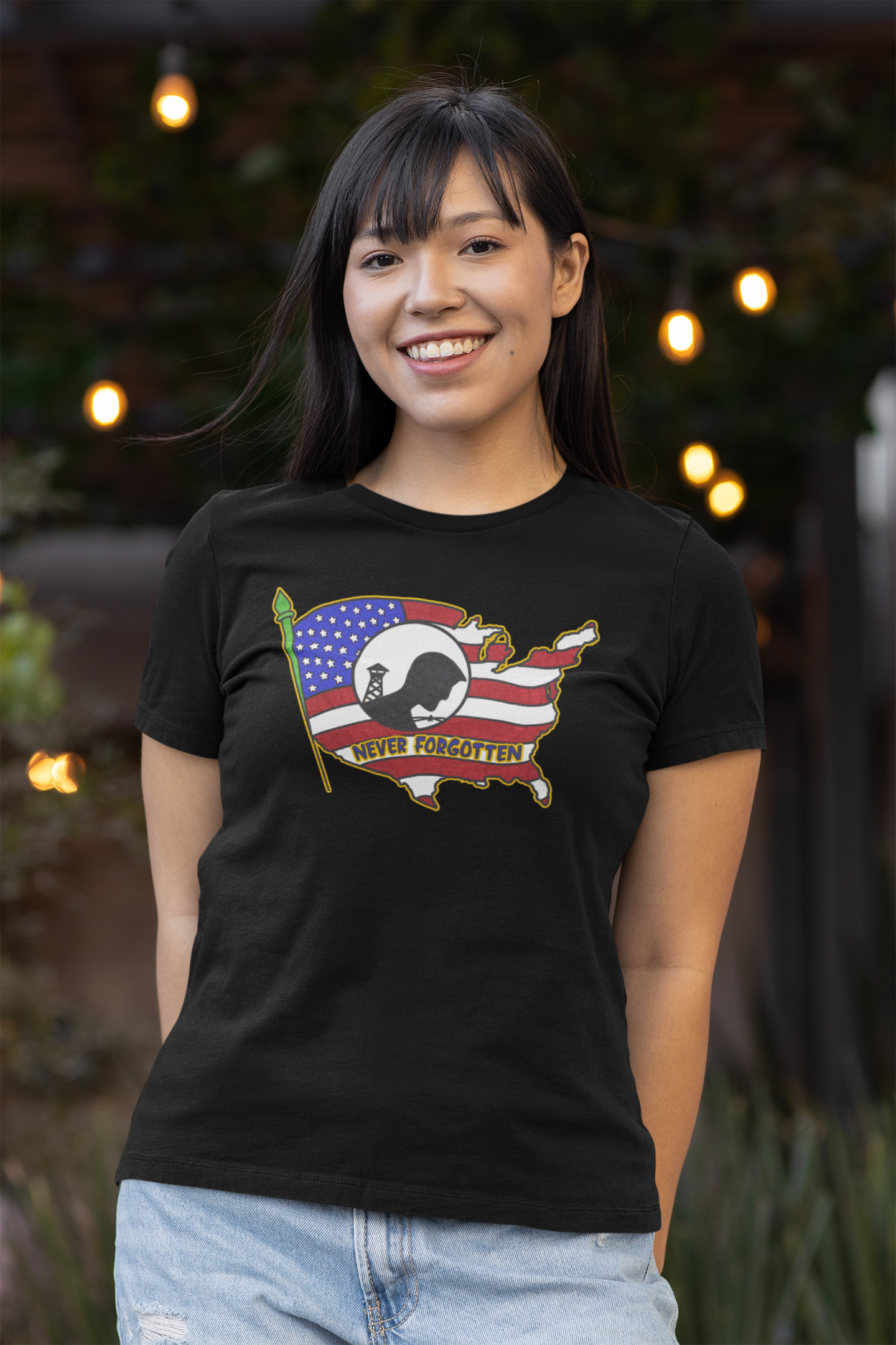 NEVER FORGOTTEN Fitted Patriotic T-Shirt (S-2XL):  Women's Bella+Canvas 6004 - FREE SHIPPING