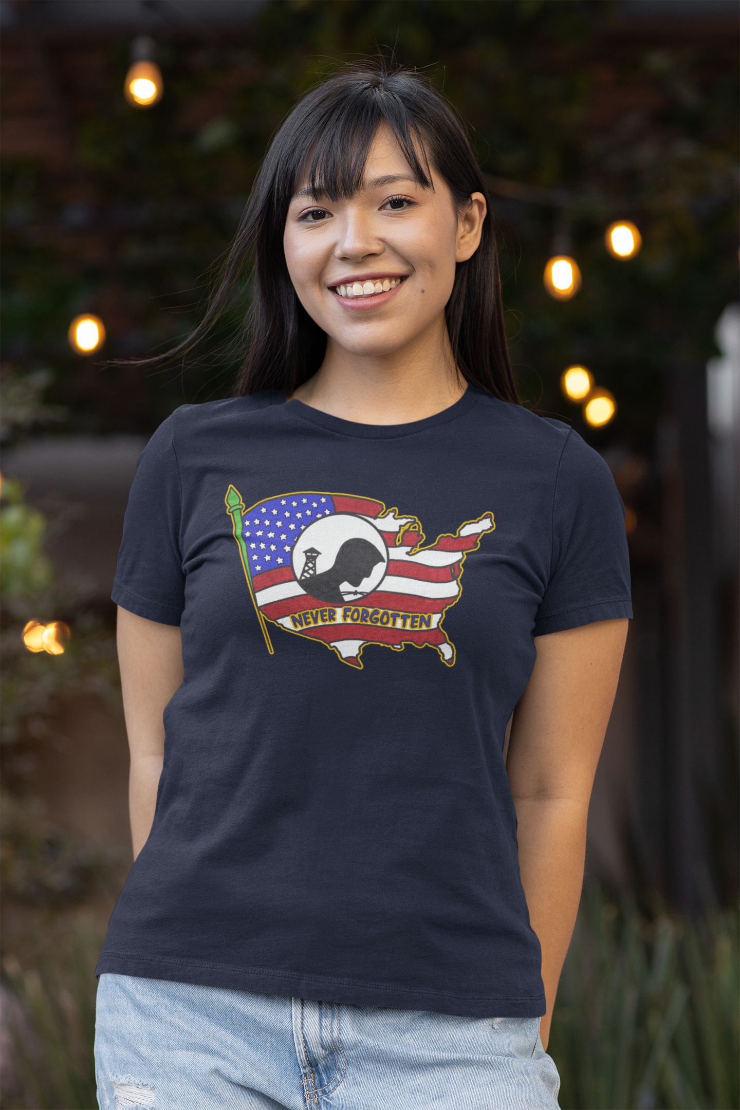 NEVER FORGOTTEN Fitted Patriotic T-Shirt (S-2XL):  Women's Bella+Canvas 6004 - FREE SHIPPING
