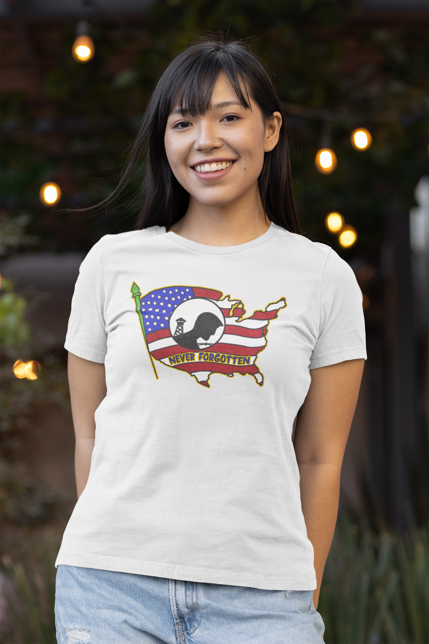 NEVER FORGOTTEN Fitted Patriotic T-Shirt (S-2XL):  Women's Bella+Canvas 6004 - FREE SHIPPING
